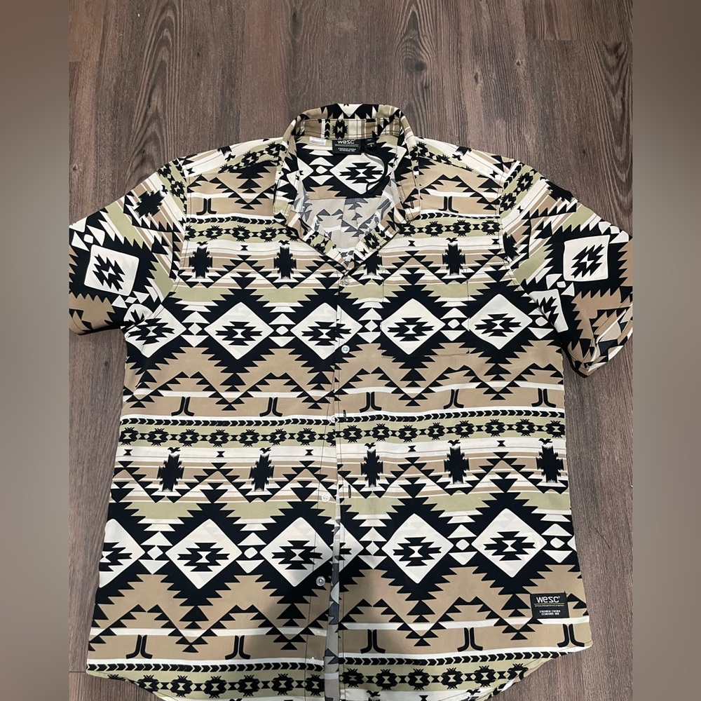 Men's Geometric Pattern Shirt - Black, White, Tan